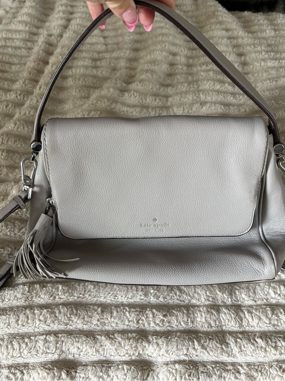 kate spade Silver-Gray Pebbled Leather Shoulder Bag with Tassel